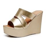 TNMIUH Mules Compensées Femme en Cuir, Talon Haut 12cm avec Plateforme 4cm, Sandales à Bout Ouvert, Noir, Blanc, Rouge, Or,d'or,35 EU