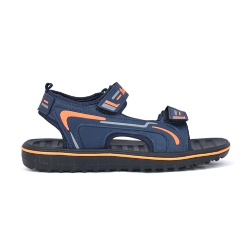 Image of Bata Men's Sports Sandals, Dual Velcro Strap, Textured Sole (NAVY /ORANGE, UK Footwear Size System, Adult, Men, Numeric, Medium, 9)
