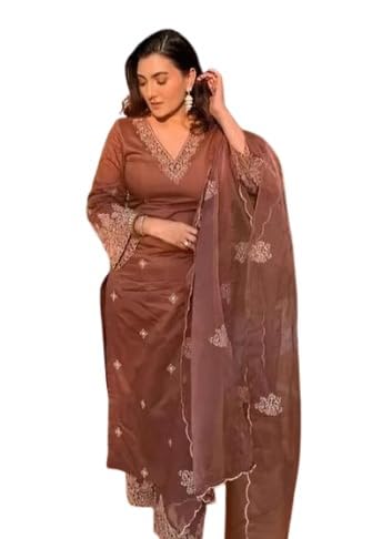 Women’s Rayon Slub Solid Kurta Set with Dupatta & Bottomwear | Stitched | 3/4 Sleeves Color Brown