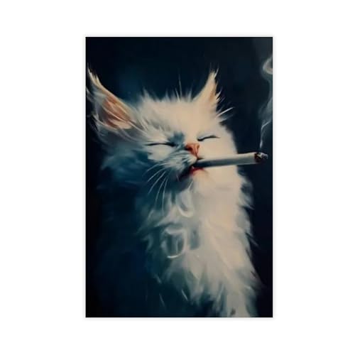 Poster chat blanc fument sur toile vintage deco chambre et bureau grand format 61x91 cm