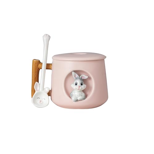 Image of DIHOclub Adorable 3D Ceramic Rabbit Mug with Lid and Spoon Perfect for Coffee, Tea, Milk, and More - Ideal Gift for Bunny Lovers - 14 Ounces (Pink)