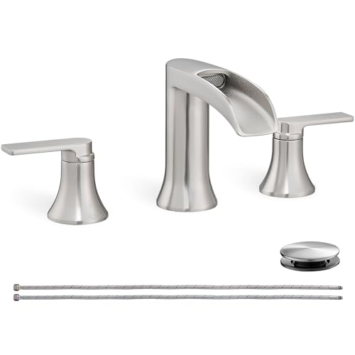 Top 10 Reviews of the Best Waterfall Bathroom Sink Faucet 2 HOIGY Brushed Nickel Bathroom Faucet 3 Hole, 4-8 Inch Waterfall Bathroom Sink Faucet Widespread with Drain & cUPC Supply Hose, 2 Handles for Vanity, Lavatory, Restroom, Brass Material, 10 Mins Install