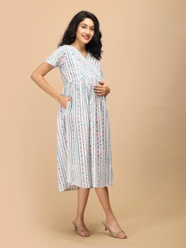 Image of The Mom Store Maternity and Nursing Dress | Pre and Post Pregnancy Dress for Womens | Zipper /Button Opening | Causal Wear | Trendy Stylish Causal Dresses for New Moms