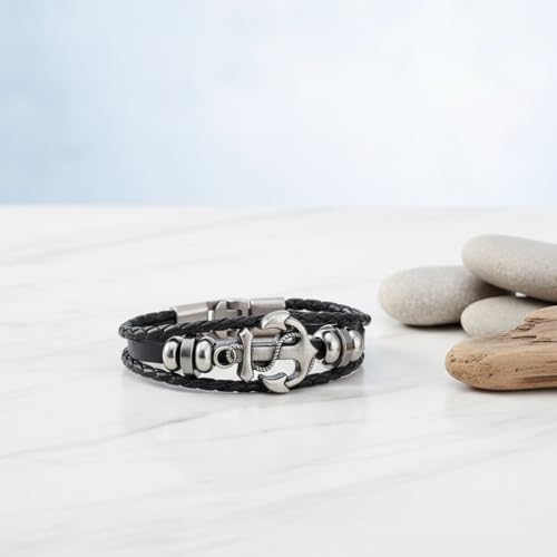 Image of Black Braided Leather Bracelet For Men