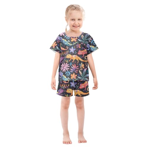 ALAZA Lizard Floral Black Pajamas Short Sleeve 2 Piece Sleepwear Top and Bottom Pajama Set Unisex3