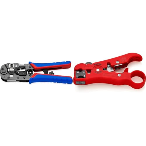 Knipex Crimpzange für RJ45-Westernstecker brüniert & Abisolierwerkzeug für Koaxialkabel und Datenkabel, 125 mm, RG 59, RG 6, RG 7, RG 11, integrierte Klinge, Abisolierer, 16 60 06 SB