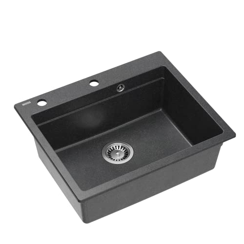 QUADRON Spülbecken Granit Spüle Küche | Größe 59,5 x 50 x 21,5 cm, Farbe: Schwarz | KURT 110 Granitspüle Einbauspüle | Einbeckenspüle Küchenspüle | Set: Spender, Holzbrett, Qmata, Siphon