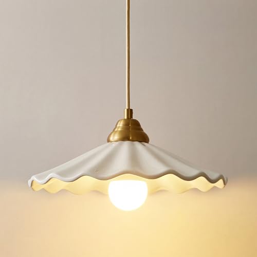 White Scalloped Ceramic Pendant Light, Vintage Pendants Lights Kitchen Island, Modern Saucer over Sink Hanging Lighting Fixtures, 12.2in Small Gold Chandelier for Dining Room Bedroom Hallway Entryway