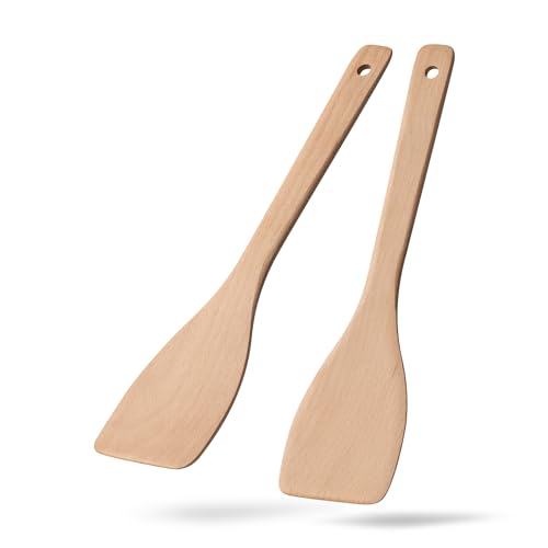 Hefild 2PCS Wooden Spatulas for Cooking, 13inch Uncoated Beech Wood Turners for Frying, Non-Scratch Wood Flat Spurtle for Pan & Wok, Wooden Cooking Utensils for Non Stick Cookware, Long Handle Scraper