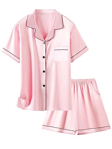 Schbbbta Pajamas Set for Girls Silk Button Down Pjs Satin Short Sleeve Sleepwear 2 Piece Lounge Sets, Pink, 9-10 Years