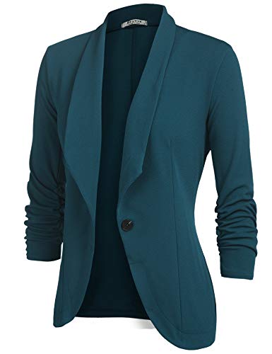 Beyove Women's 3/4 Stretchy Ruched Sleeve Open Front Lightweight Work Office Blazer Jacket Dark Green M