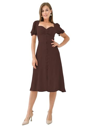 Image of Shasmi Girl's & Women's Solid Midi Dress - Elegant Square Neck Button-Down Dress with Puff Short Sleeves | Stylish Casual & Party & Office Wear Outfit (Dress 105)