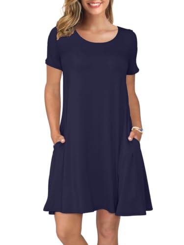 Image of KORSIS Summer Women's Dress Casual T-Shirt Short Sleeve Dresses Swing Flowy Beach Vacation Work Sundress with Pockets