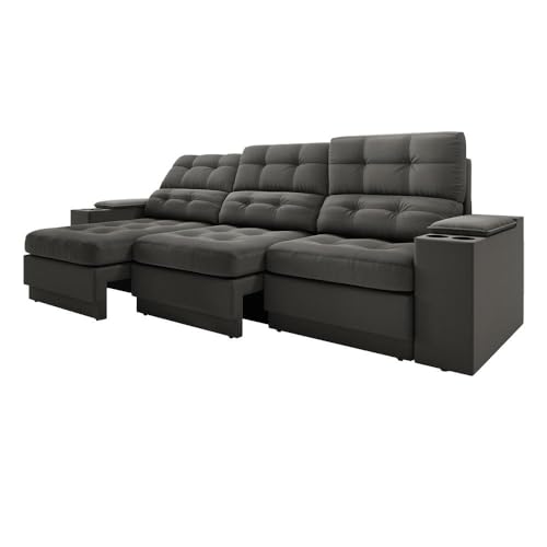 Sofá com Usb Retrátil e Reclinável Eureka 2,30m Cinza