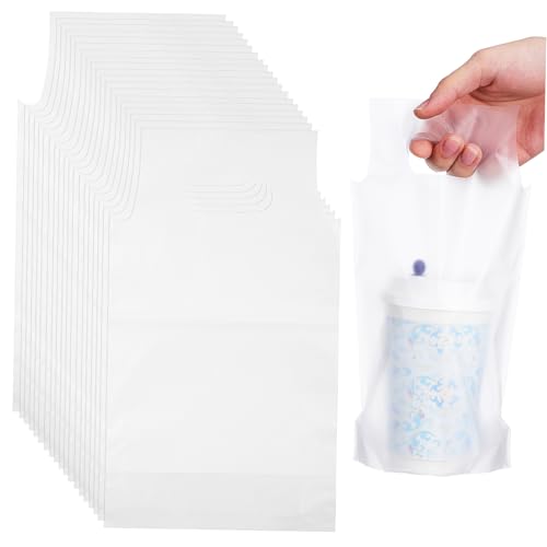 LIFKOME 500Pcs Portable Handle Drink Bags Beverage Storage Pouches for Takeout Coffee and Drinks Sturdy Carrying for Shops and Events Design