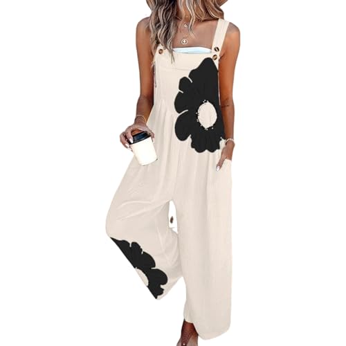 QXE Women's 2026 Beige Floral Print Overalls Jumpsuits One Piece Sleeveless Wide Leg Long Pants Rompers with Pockets