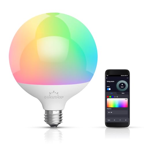 Bombilla Inteligente E27, Lámpara WLAN 15W 1500LM 16 Millones de Colores, Lámpara de Bombilla Regulable Control de Voz Funciona con Alexa, Asistente de Google, G120 Bombilla de Luz Blanca Cálida (2700