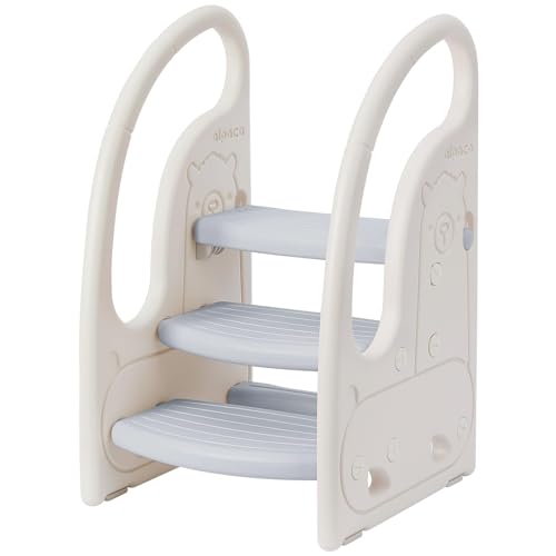 Onasti Taburete Niños, Taburete de 3 Pasos para Bebé, Taburete para niños pequeños, Altura Ajustable, Multifunción y Antideslizante Cocina, Cuarto de Baño (Gris)
