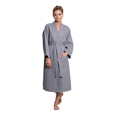 Turkuoise Linen Premium Cotton Blend Lightweight Long Waffle Kimono Bath and Spa Robe Gray, Large Cover