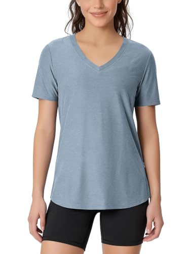 Image of ODODOS Women's Short Sleeve Performance V-Neck Tunic Tops, Ultra Soft odSTRATUM Tech Tee, Side Slit Relaxed T-Shirts