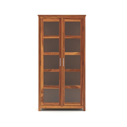 Image of Ekdantix FurnitureSolid Wood Bookshelf with Acrylic Glass Doors | Wooden Display Cabinet for Living Room | Multipurpose Storage Almirah for Books, Decor & Office Use (Honey Finish)