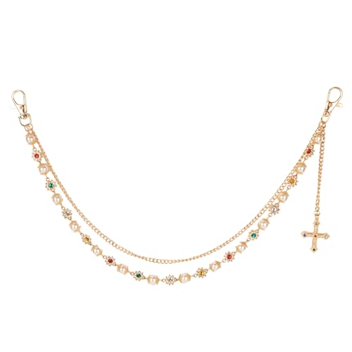Gold Chain for Pants, Fashionable Double Layer Pants Chain Pearl Rhinestones Cross Hip Hop Pocket Belt Accessory Jeans Jewelry keychain Wallet for Men Women