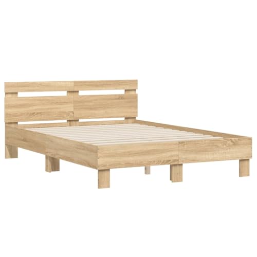 vidaXL Cama con Cabecero, Somier de Listones, Estructura Marco de Cama, Mueble para Dormitorio, Madera de Ingeniería Roble Sonoma 135x190 cm