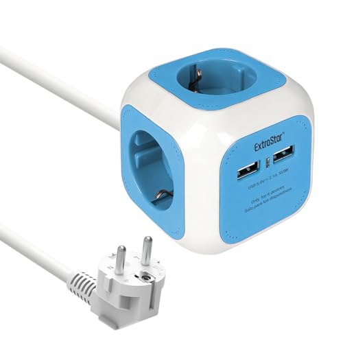 EXTRASTAR Steckdosenwürfel mit 2 USB-Anschlüssen(5V/2.1A), 4-Fach Steckdosenleiste mit 1.5M Kabel, Mehrfachsteckdose Würfel für Büro, Heim oder Reise, Blau