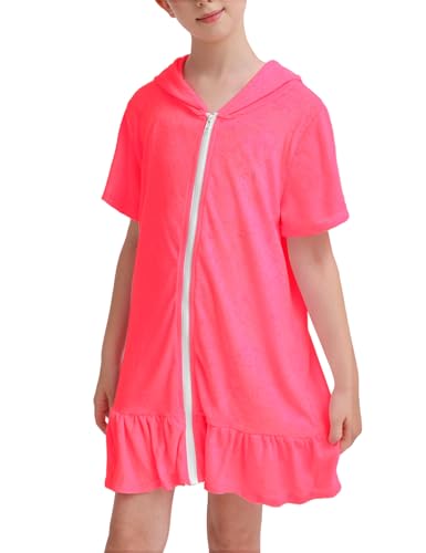 Image of Girls Swim Cover Up Multicolor Hooded Zip-Up Terry Swimsuit Ruffle Bathing Suit Kids Short Sleeve Swimwear