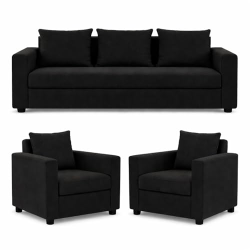 Image of Wood 3+1+1 Sofa Set 5 Seater | Velvet Fabric Upholstery | Wooden Frame Sofa Set with 3 Seater & 2 Single Chairs for Living Room, Home & Office (Black)