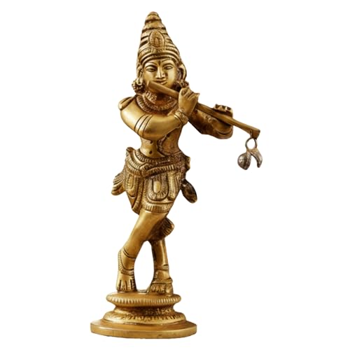 Image of 100% Pure Brass Lord Krishna Idol with Flute 12 cm | Handcrafted Shree Krishna Murti for Home Temple & Decor | Small Kanha Ji Statue for Office Desk | Spiritual Housewarming Gift