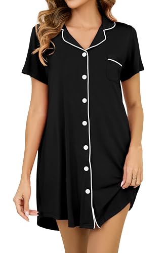Nightgowns for Women Short Sleeve Button Down Nightshirt Soft Sleepshirt Boyfriend Pajama Dress