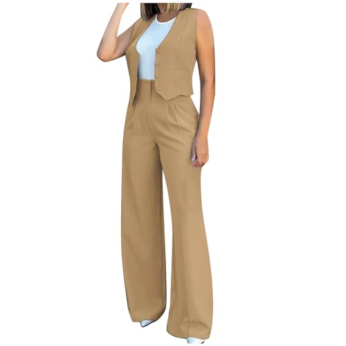 Women's 2 Piece Outfits 2024 Casual Dressy Button Down Sleeveless Blazer Vest Wide Leg Pants Sets Work Business Suits