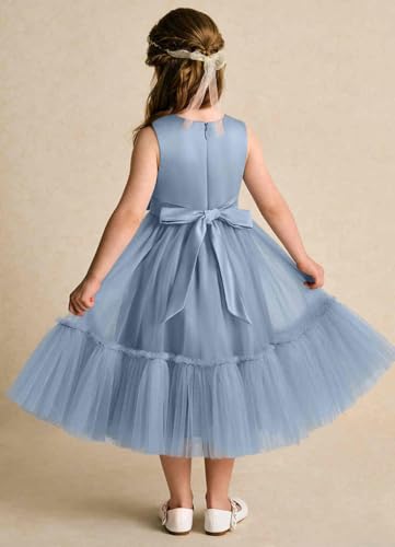 A-Line Princess Tea-Length Satin Bodice Ruffled Tulle Skirt Flower Girl Scoop Neck Pageant Junior Bridesmaid Dresses3