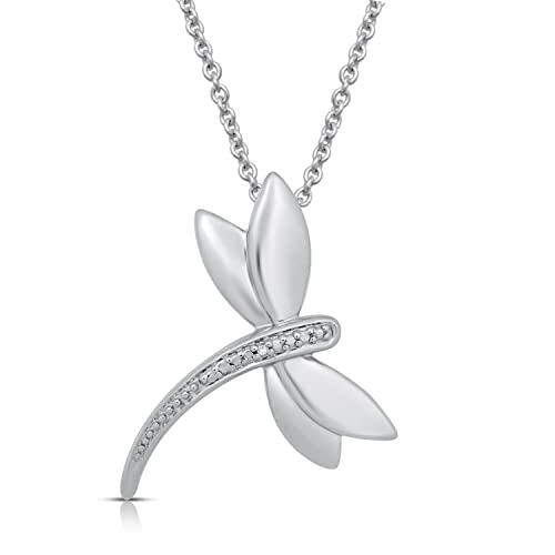 Jewelili Sterling Silver Dragonfly Pendant Necklace for Women | Natural White Round Diamonds | 18" Rolo Chain | Luxury Jewelry | Gift Box Included