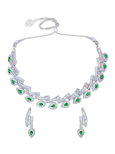Image of ASMITTA Jewellery American Diamond Necklace Set Rhodium Plated Choker Necklace with Earrings for Weddings, Parties & Festivals