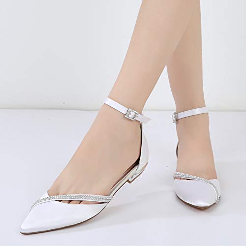 Womens Ballet Flats Pointed Toe Ankle Strap Buckle Satin Low Heel Flat Party Evening Ballerina Dance Shoes2