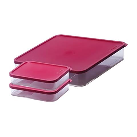 Elianware Pack of 3 eConcept - Acrylic Transparent Rectangle Food Container- Food Storage - Lunch Box - Food Box - BPA-Free Airtight Plastic Fridge Container Storage with Red Lids 470mL 2000mL Cover