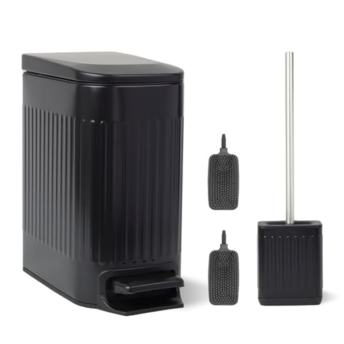 FAMM TASTIC Set of 7L Narrow Metal Pedal Toilet Bin Black Bathroom Bin/Office Bin/Bedroom Bin Small Bin with Lid and Silicone Toilet Brush and Holder (with 2 extra brush heads)