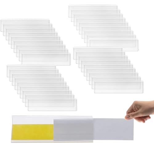 XoeLLe 50 Pezzi Porta Etichetta, Portaetichette Autoadesivo Trasparente 7,6x2,5 cm, Cartellini Prezzi Etichette Adesive Prezzo Nome Tasca per Supermercati, Armadietti, Scaffali, Uffici