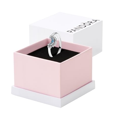 PANDORA Celestial Blue Sparkling Moon Ring - Silver Ring for Women - Layering or Stackable Ring with Blue Crystals - Gift for Her - With Gift Box - Size 7