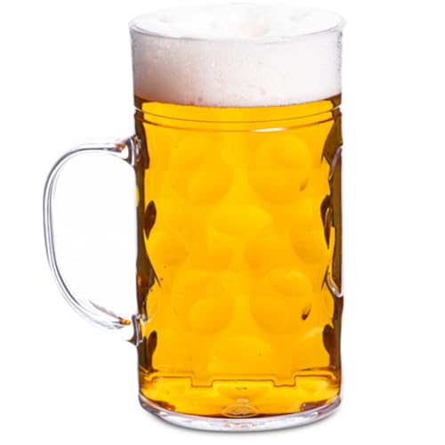bar@drinkstuff Plastic Beer Stein – German-Style 2-Pint (1 L) Polystyrene Tankard Mug with Handle – Reusable, Rigid, Dimpled Finish – Ideal for Festivals, Outdoor Events & Bars