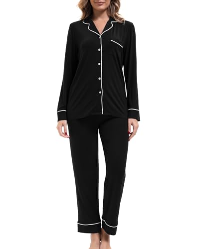 INNERSY Women's Silky Pajama Set Soft Sleepwear Pjs 2 Piece Long Sleeve Pajamas(Black,Medium)