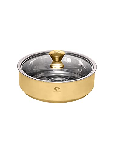 Crown Craft Stainless Steel Solid Roti Serving Casserole with Glass Lid Double Wall Insulated Fresh Serve Casserole, 1100 ml, 1 PC Bowl with 1 PC Lid, Gold