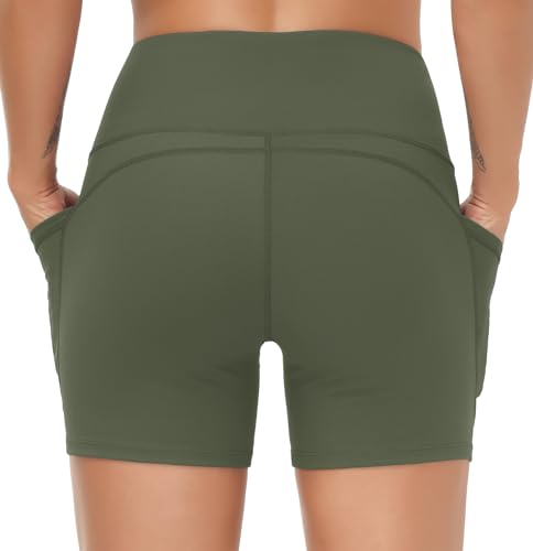 Image of THE GYM PEOPLE High Waist Yoga Shorts for Women's Tummy Control Fitness Athletic Workout Running Shorts with Deep Pockets