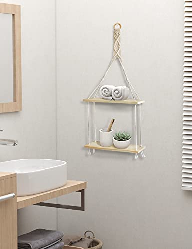 Mazjoaru Macrame Wall Hanging Shelves, Boho Handmade White Shelf Cotton Rope Sturdy Wooden Mounted Cute Decor Display Storage For Plant Bathroom Bedroom Living Room Office-2 Tier #TOP4