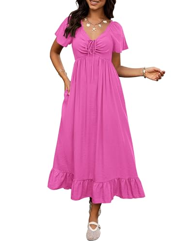 Image of BTFBM Womens Summer Dresses 2026 Casual Short Sleeve V Neck Drawstring Wedding Guest Maxi Dresses Boho Beach Long Dress