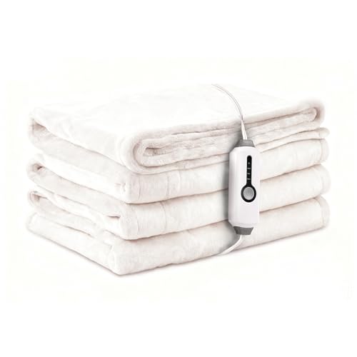 LaffyLo Electric Heated Blanket Full Size 7284 Luxurious Breathable Flannel with 4 Heat Settings 10-Hour Auto Shut-Off & Overheat Protection for Bed & Couch Cozy Gift - White