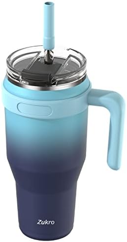 Zukro 40 oz Tumbler with Screw on Lid, Stainless Steel Insulated Cup with Handle and Straw, Leak Proof Water Tumbler With Flip Lid Keeps Drinks Cold 24 Hours, Dishwasher Safe - Bluewave