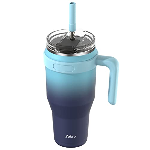 Zukro 40 Oz Tumbler With Screw On Lid, Stainless Steel Insulated Cup With Handle And Straw, Leak Proof Water Tumbler With Flip Lid Keeps Drinks Cold 24 Hours, Dishwasher Safe - Bluewave #TOP2